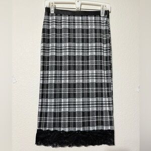 Bobeau Black Plaid Pencil Slip Skirt, Stretchy, Black Lace Trim. Soft, Comfy.